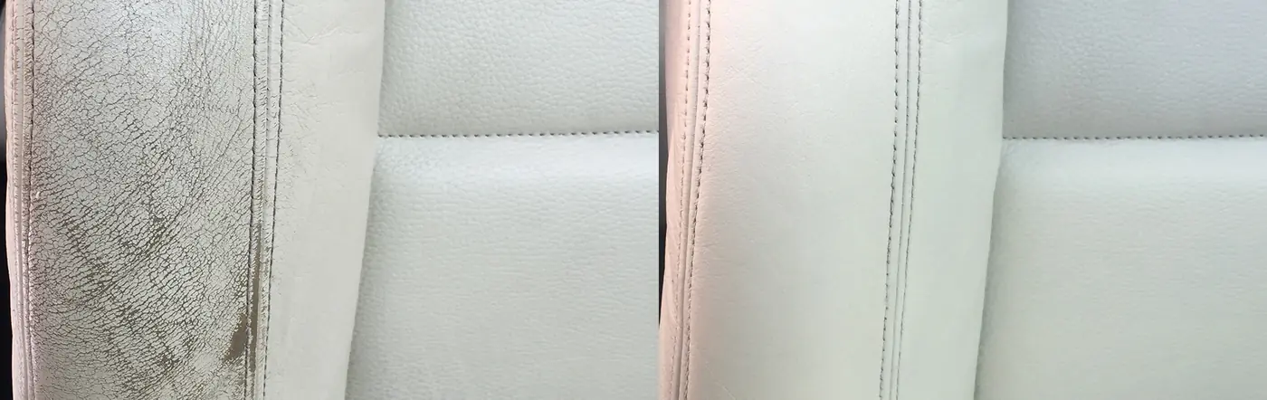 Close-up of a pale leather seat during repair